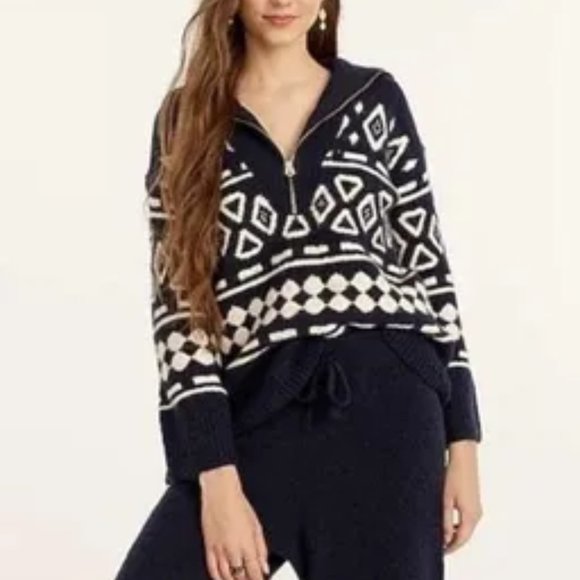 J. Crew Relaxed Half-Zip Sweater in Geometric Knit in Navy - Size XS-S - Picture 3 of 6